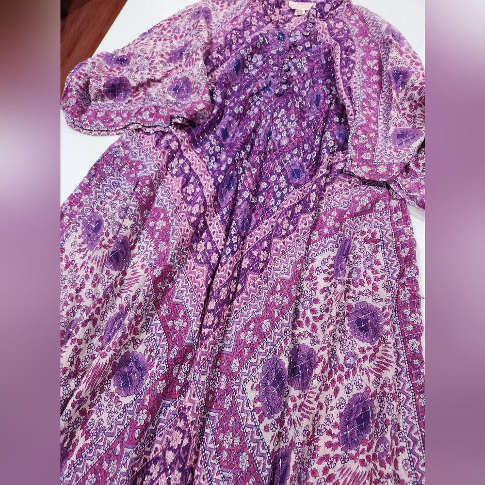 Vintage Adini Sultana Indian Lurex Bohemian Purple Maxi Dress Metallic Kaftan - Picture 7 of 9